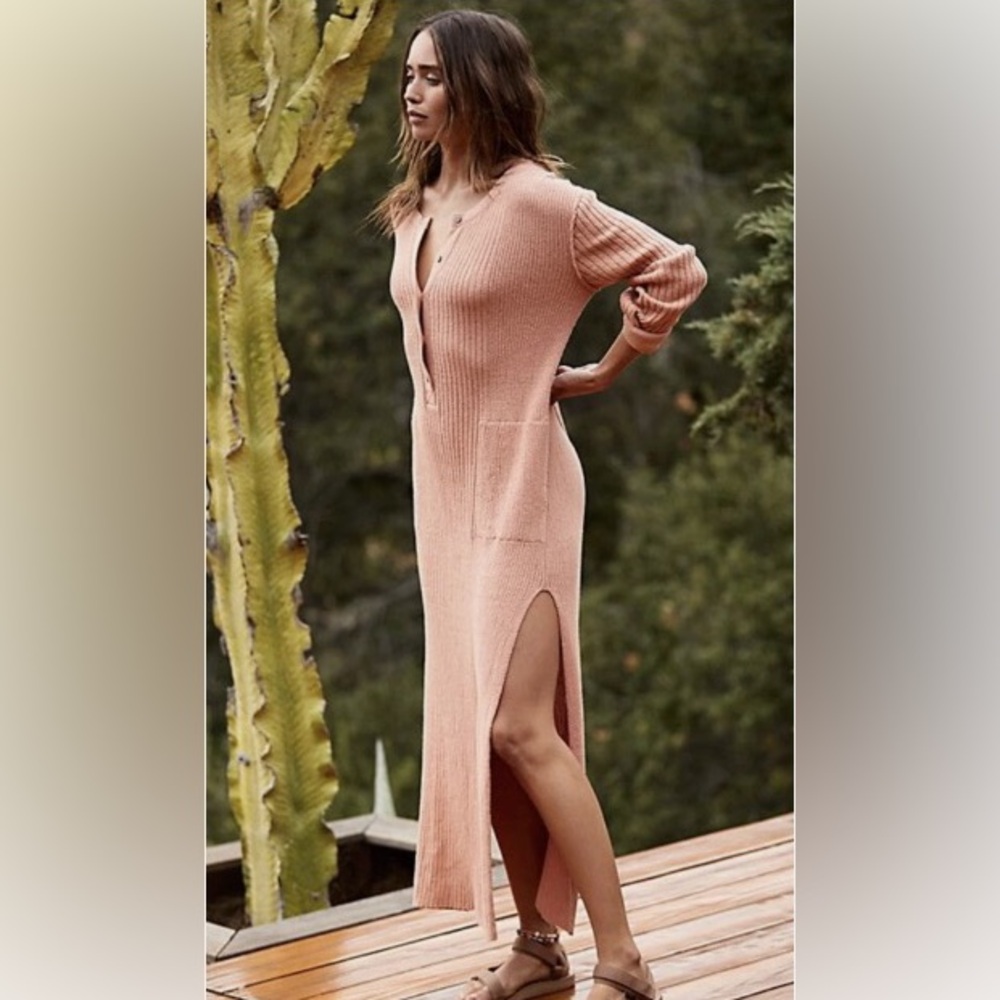 Free People Beach Ribbed Sweater Dress Pink Boho Maxi Cover Up Slit Size L